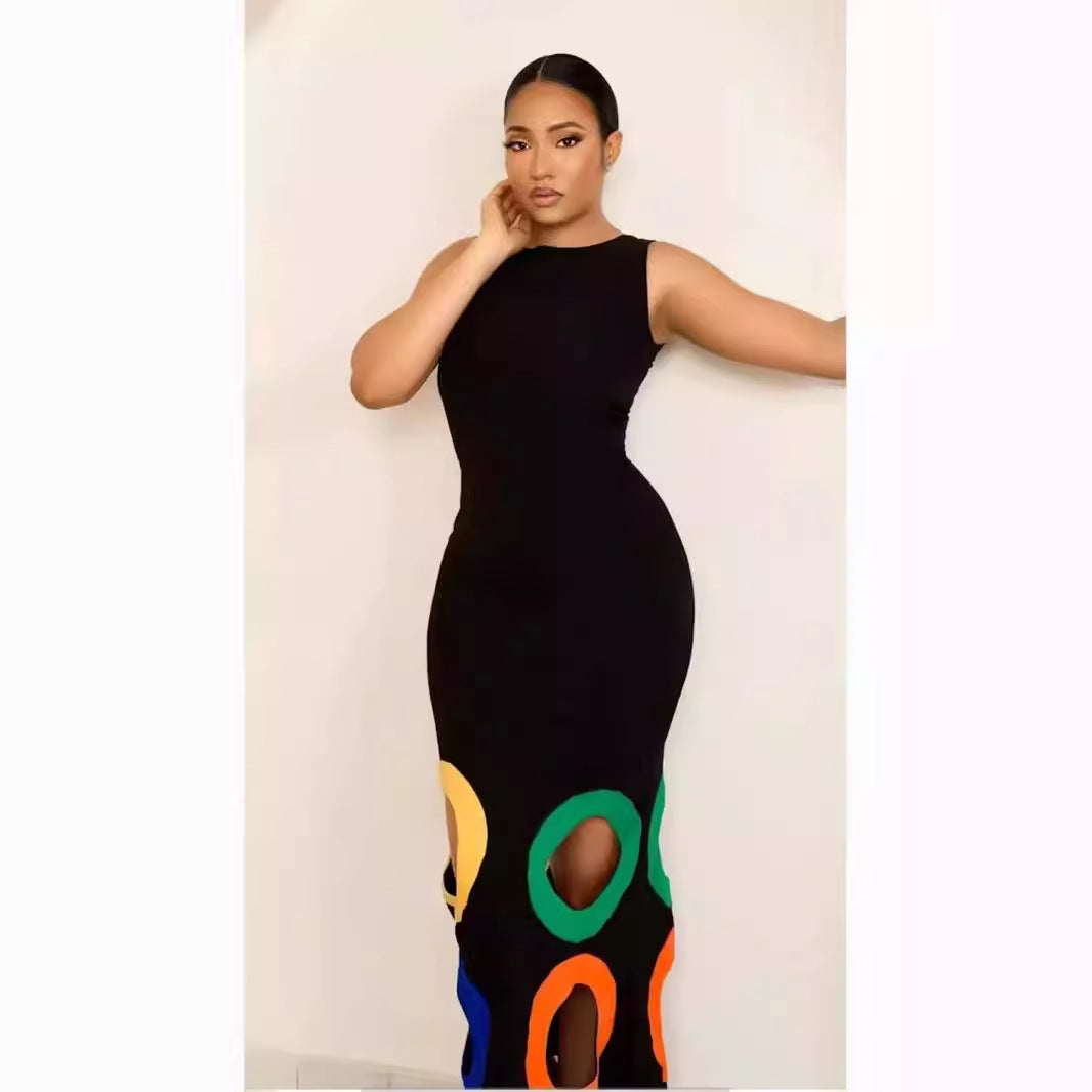 Fashion Round Neck Sleeveless Color Matching Hollow Out Dress ShopWithASmile7.com