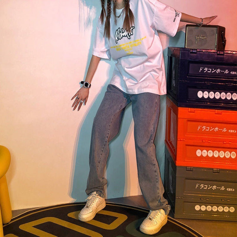 Straight Leg Jeans Solid Color Retro Light Trousers