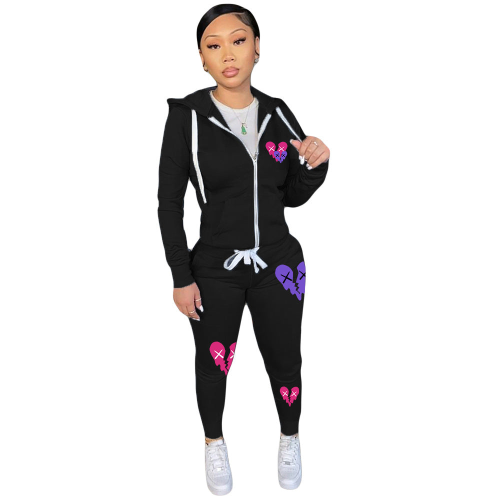 Zipper Printed Casual Hooded Sweater Set