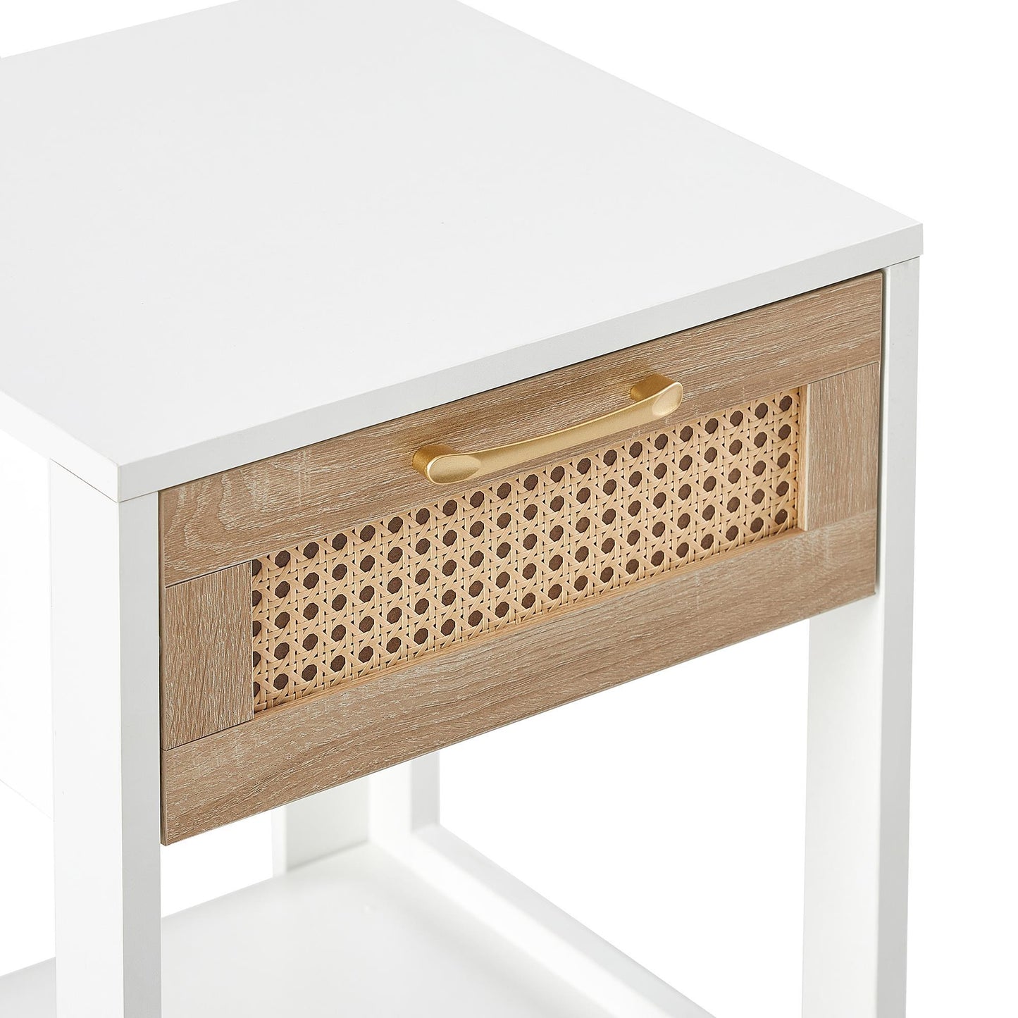 15.75-Inch Rattan Side Table with Drawers – Modern Bedside Table for Living Room or Bedroom, White
