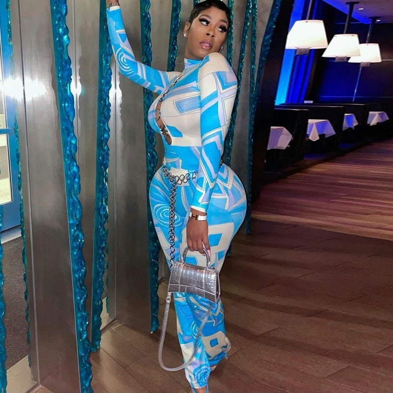 Printed Hollow Long Sleeved Top Slim Trousers Suit