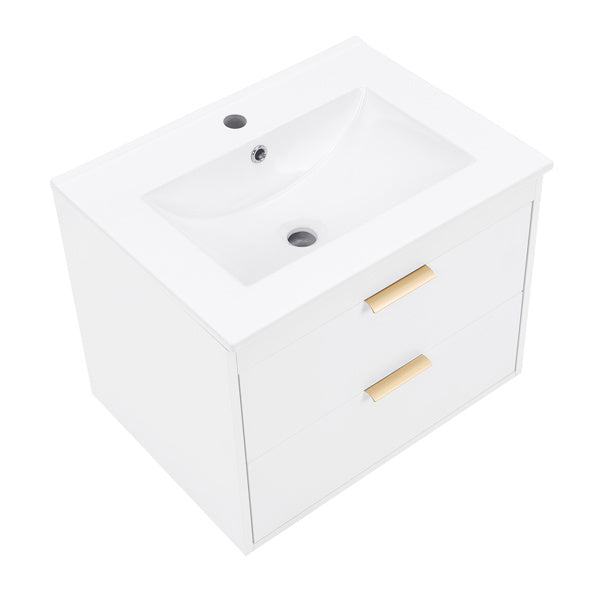 24 Inches Floating Wall-Hung Bathroom Vanity With White Ceramic Sink And Drawer Storage - No Mirror, No Faucet