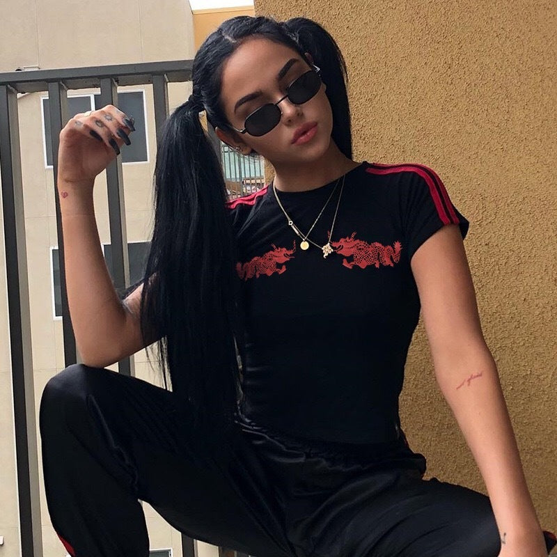 New Women's Printed Tight Short T-shirt Round Neck