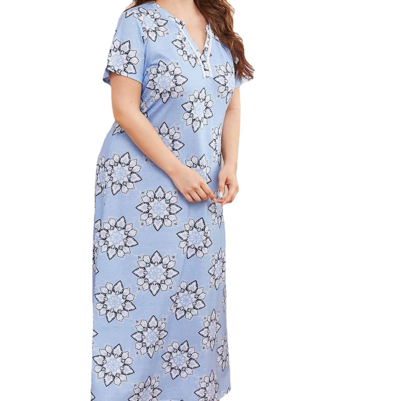 Women's Printed Lace V-neck Patchwork Short Sleeve And Long Pattern Home Nightdress
