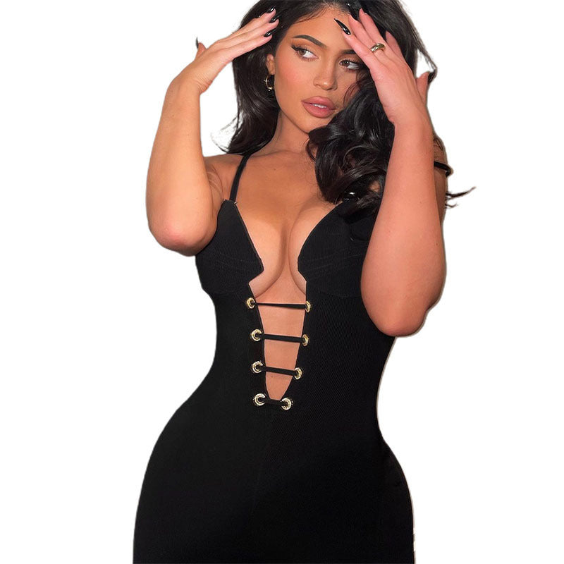 Fashion V-neck Strap Backless Tight Jumpsuit