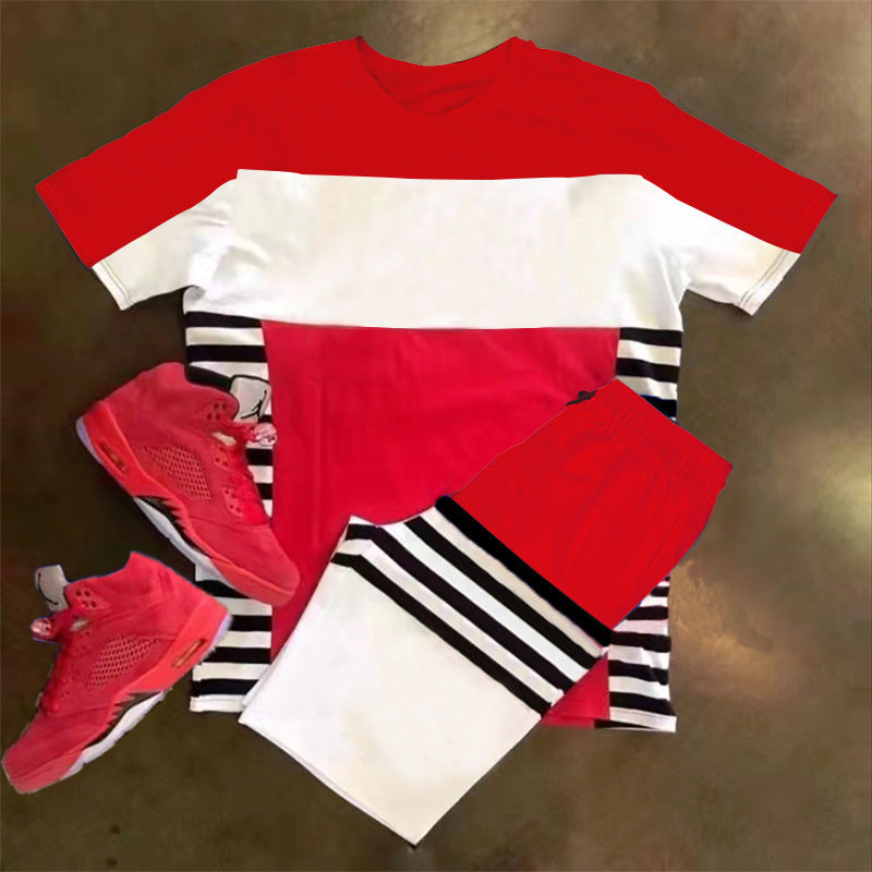 Men's Short Sleeve Sports Casual Fashion Striped Colorblock Suit