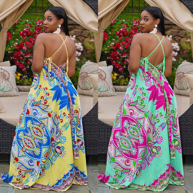 Loose Sling Print Cutout Back Jumpsuit