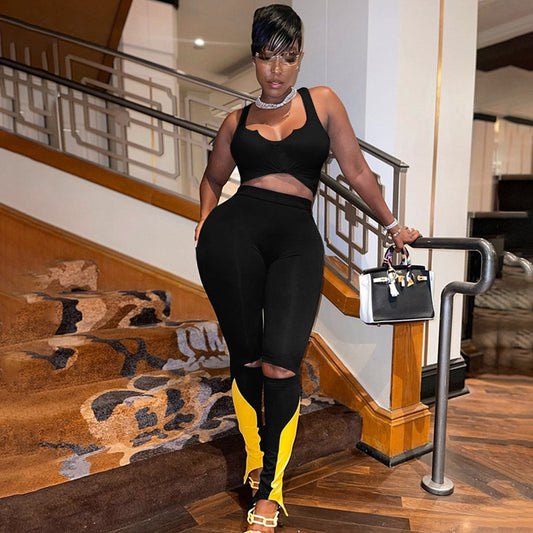 Spring Summer Vest Short Top Contrast Color Hollow Casual Two-piece Set