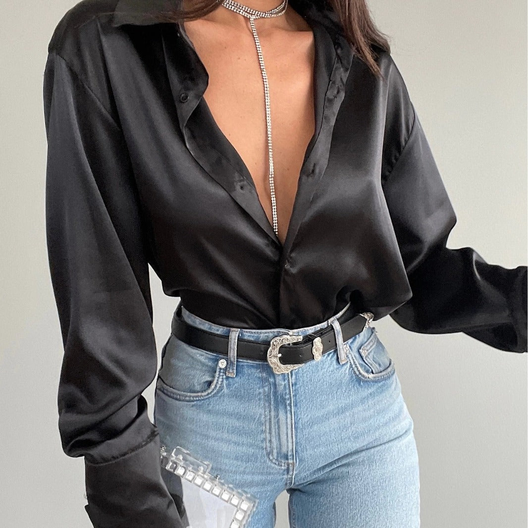 Single-breasted Long Sleeve Lapel Shirt Sexy Women Clothing ShopWithASmile7.com