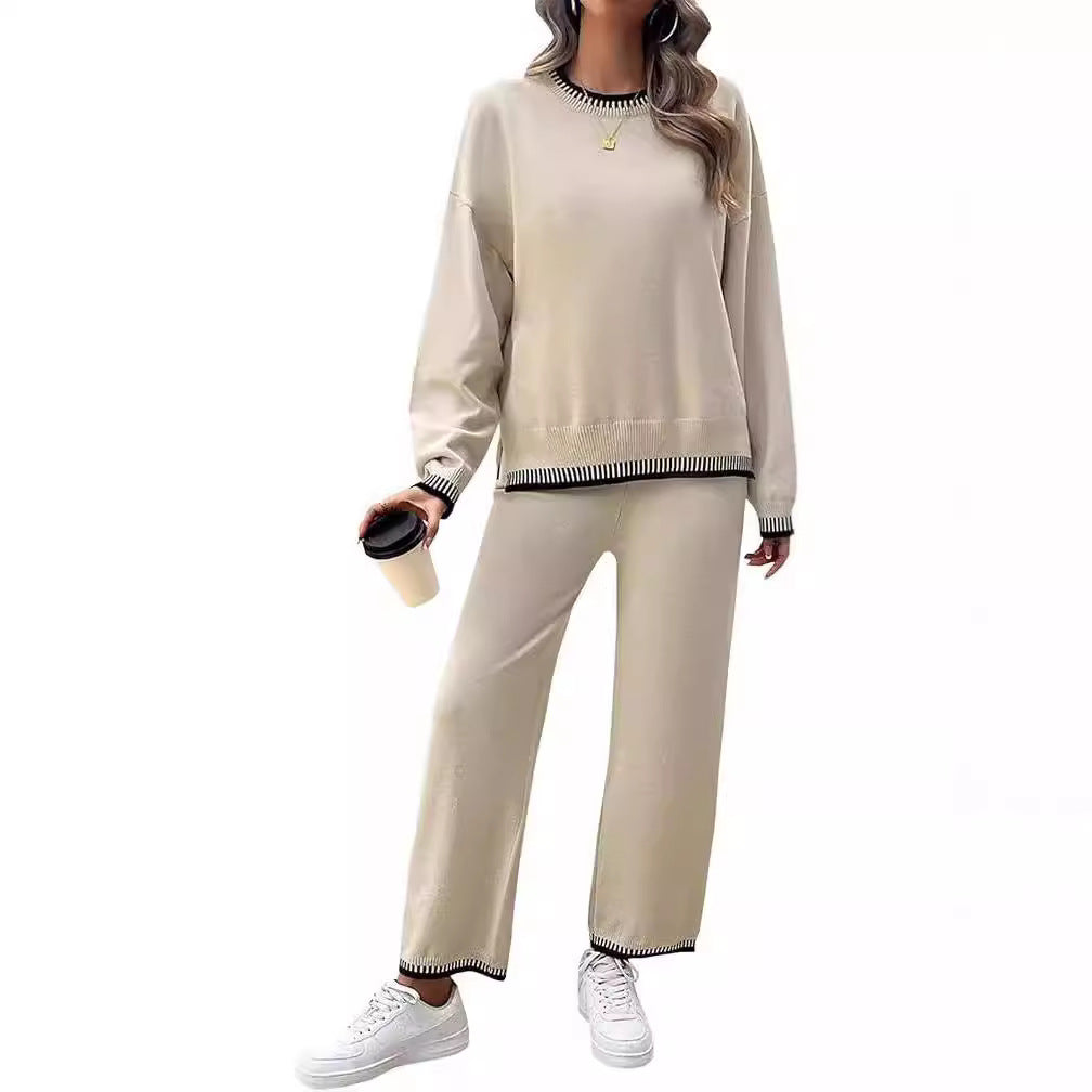 Sweater Knit Casual Long Sleeve Pullover Wide Leg Pants Suit