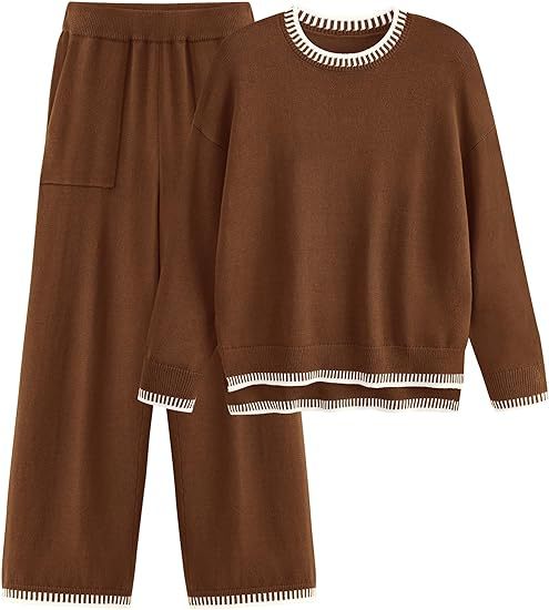 Sweater Knit Casual Long Sleeve Pullover Wide Leg Pants Suit