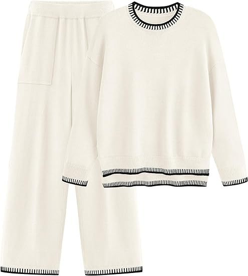 Sweater Knit Casual Long Sleeve Pullover Wide Leg Pants Suit