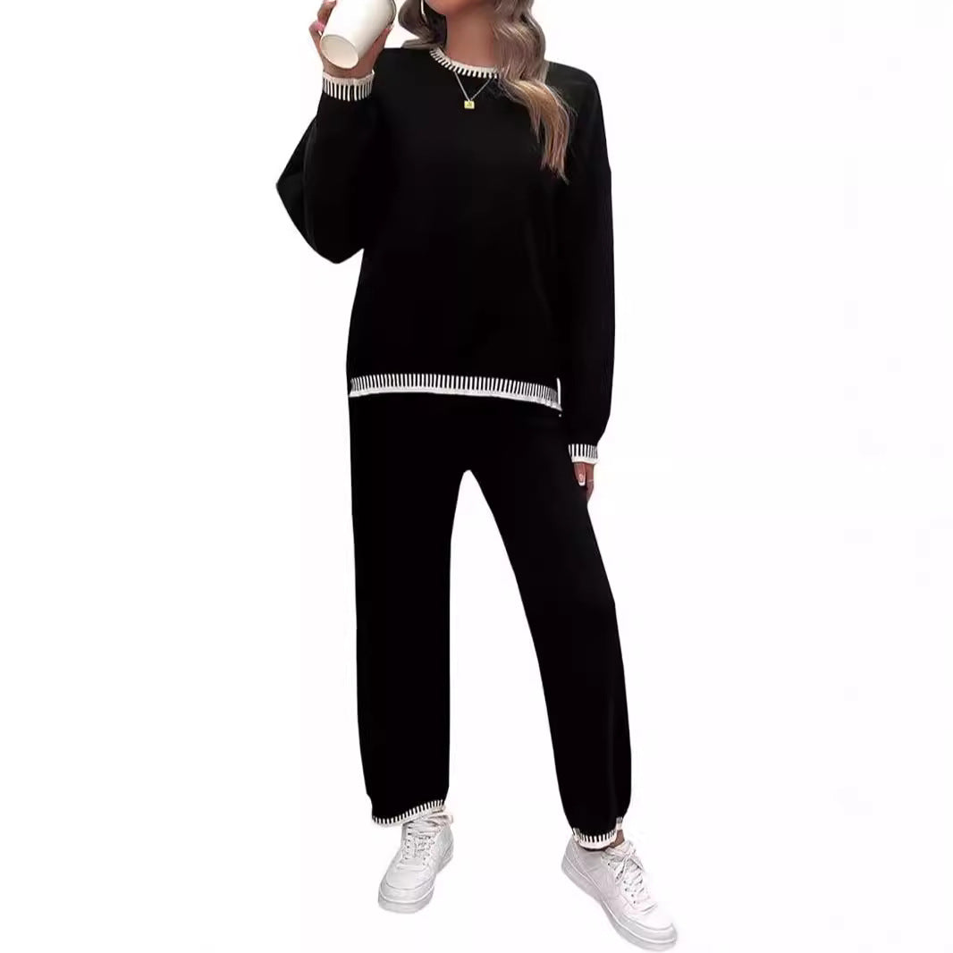 Sweater Knit Casual Long Sleeve Pullover Wide Leg Pants Suit