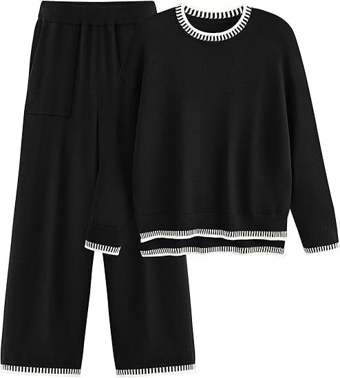 Sweater Knit Casual Long Sleeve Pullover Wide Leg Pants Suit