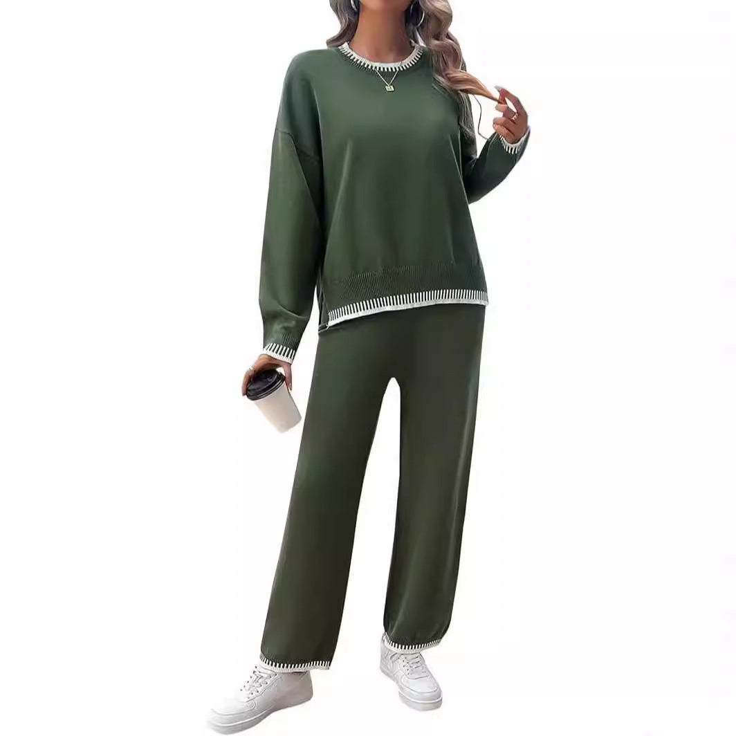Sweater Knit Casual Long Sleeve Pullover Wide Leg Pants Suit