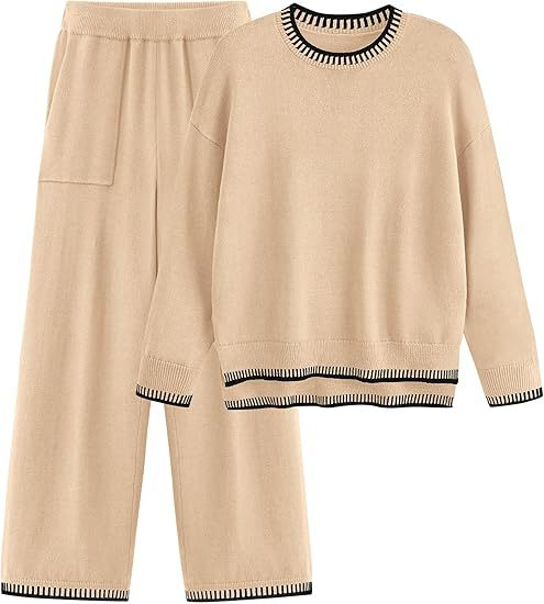 Sweater Knit Casual Long Sleeve Pullover Wide Leg Pants Suit