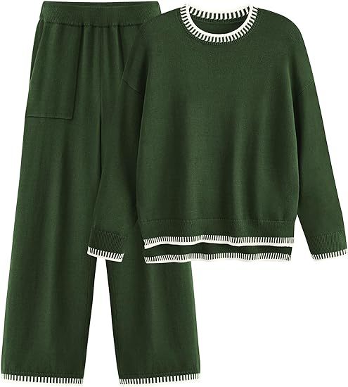 Sweater Knit Casual Long Sleeve Pullover Wide Leg Pants Suit