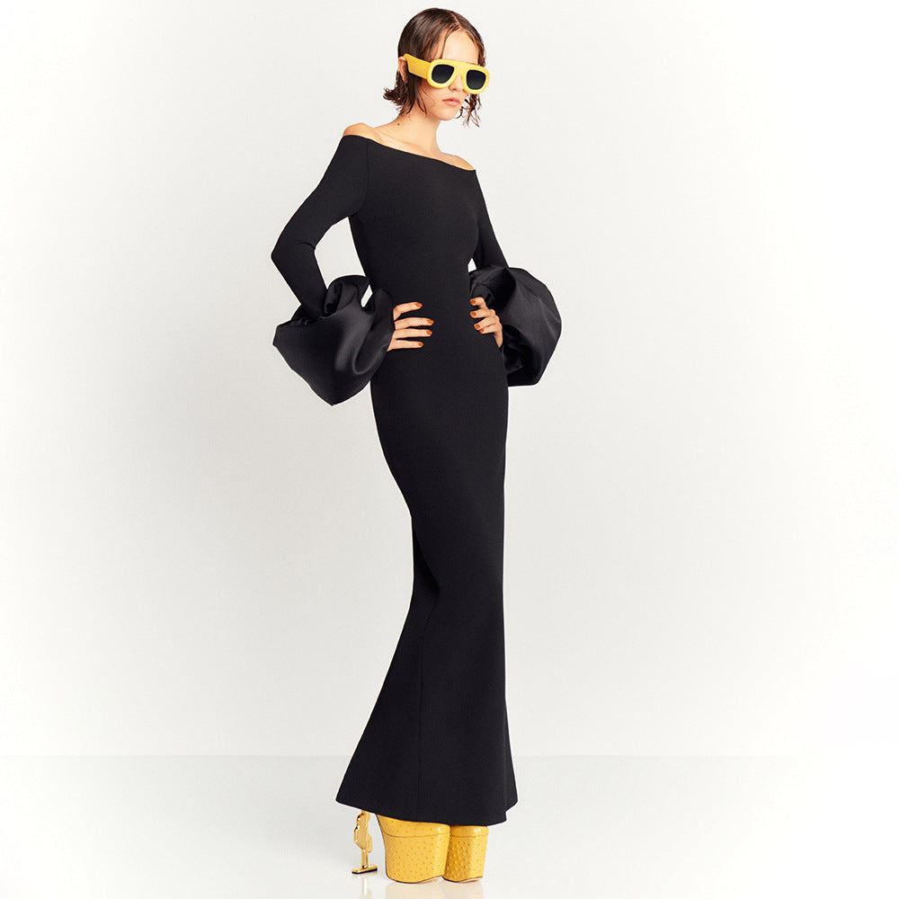 Dress Red And Black Slim-fit Long Sleeve French Lantern Sleeve Dress ShopWithASmile7.com