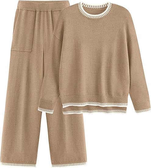 Sweater Knit Casual Long Sleeve Pullover Wide Leg Pants Suit