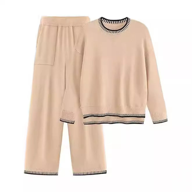 Sweater Knit Casual Long Sleeve Pullover Wide Leg Pants Suit
