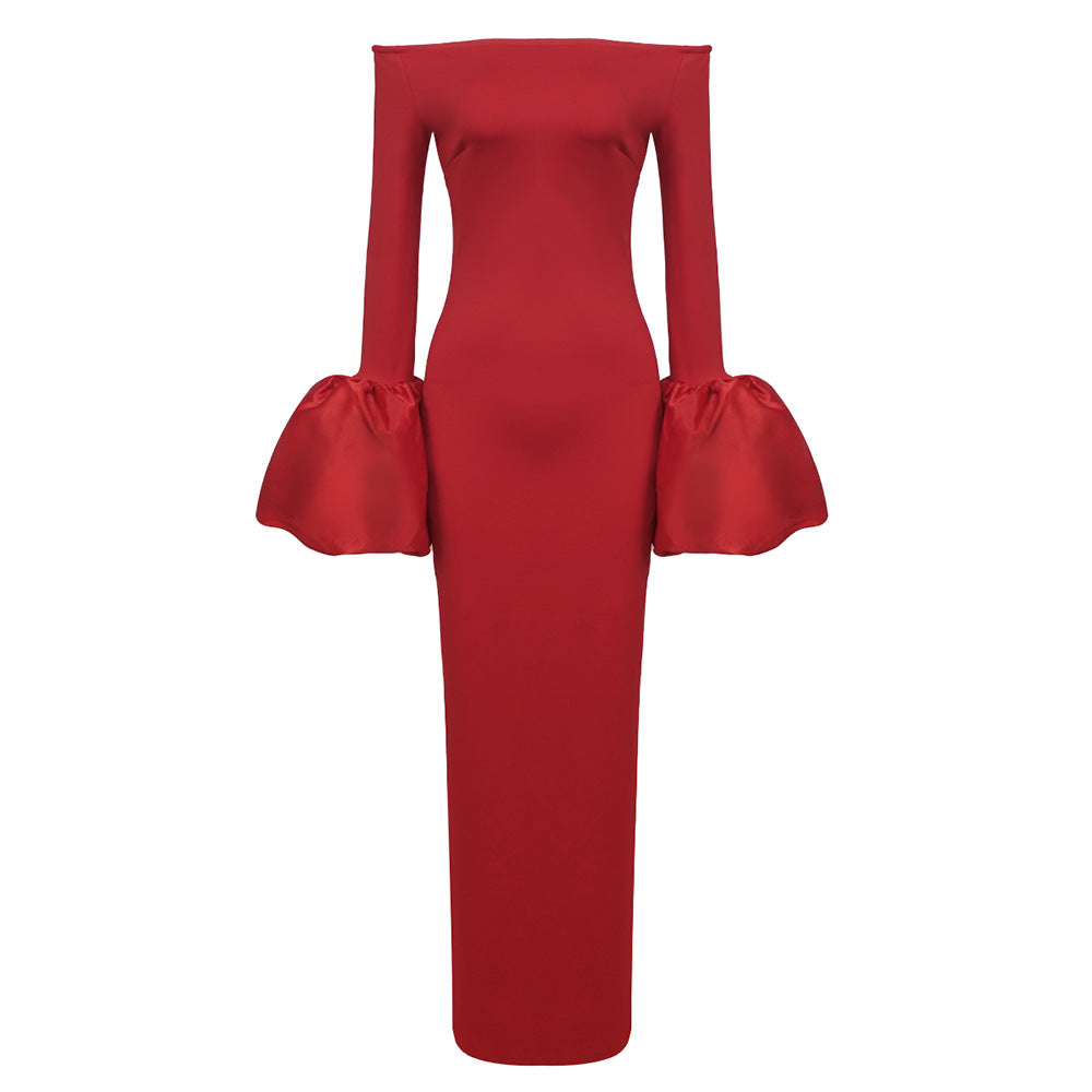 Dress Red And Black Slim-fit Long Sleeve French Lantern Sleeve Dress ShopWithASmile7.com