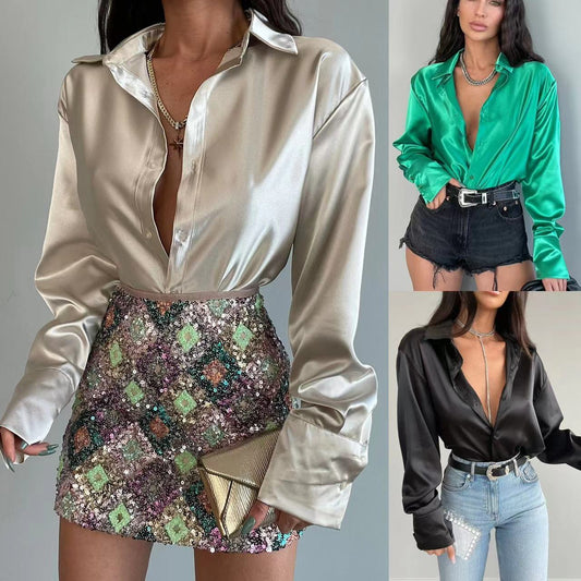 Single-breasted Long Sleeve Lapel Shirt Sexy Women Clothing ShopWithASmile7.com