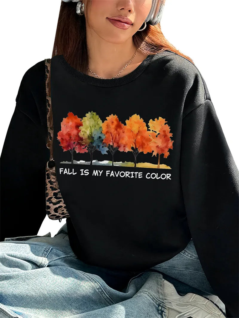 Women Basic Casual Pullover Spring Autumn Long Sleeve Maple Tree Printed Round Neck