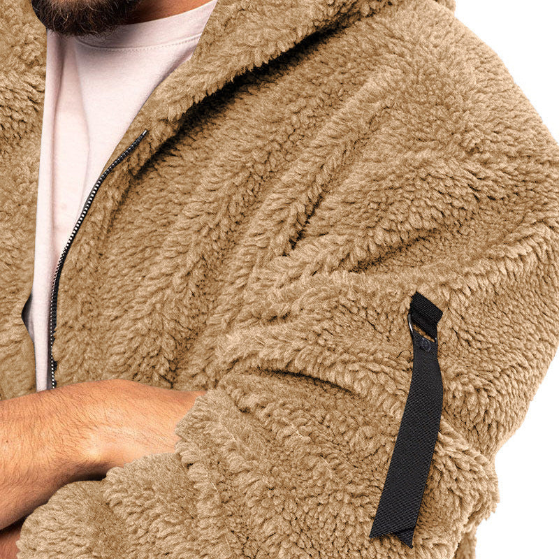 Plush Hooded Jacket Men's Autumn And Winter Fleece Double-sided Wear Warm Coat With Zipper Loose Casual Jacket Outdoor Clothing ShopWithASmile7.com