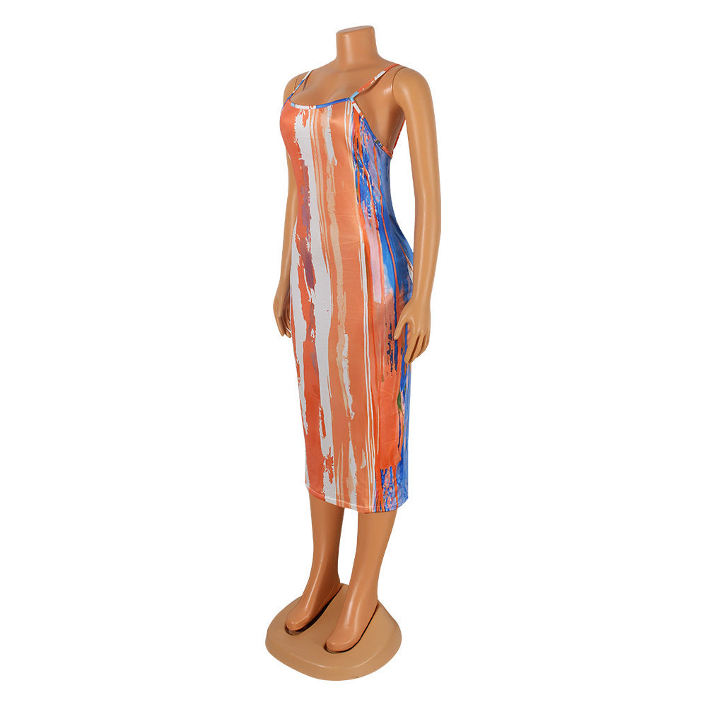 Fashion Sexy Digital Print Tight Strap Dress