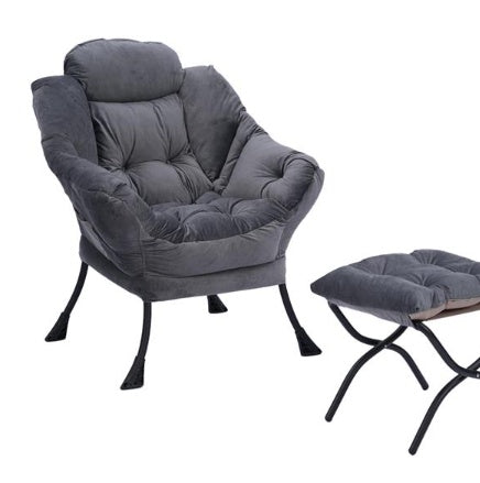 Living Room Chair Modern Cotton Fabric Lazy Chair With Armrests And Side Pockets - Dark Grey With Ottoman
