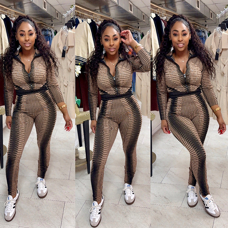 Fashion Long Sleeve Striped Printed High Waist Suit Women