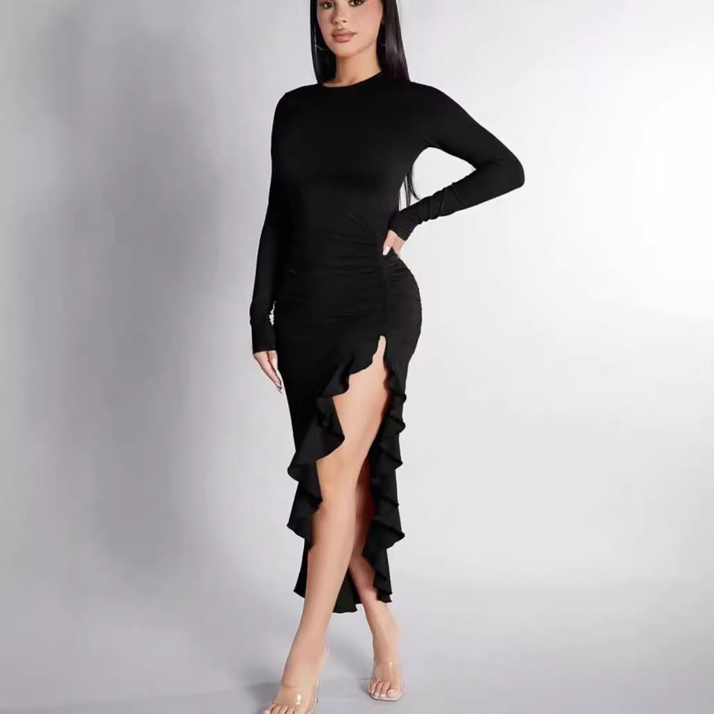 Chic Black Mid-Length Ruffled Dress with Long Sleeves and Frill Detail ShopWithASmile.com