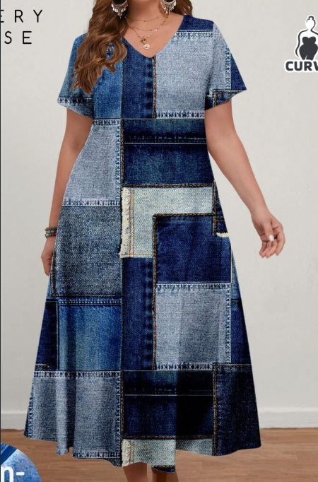 Plus Size Women's Casual Patchwork Pattern V-Neck Short Sleeve Dress, Suitable For Spring Autumn ShopWithASmile7.com
