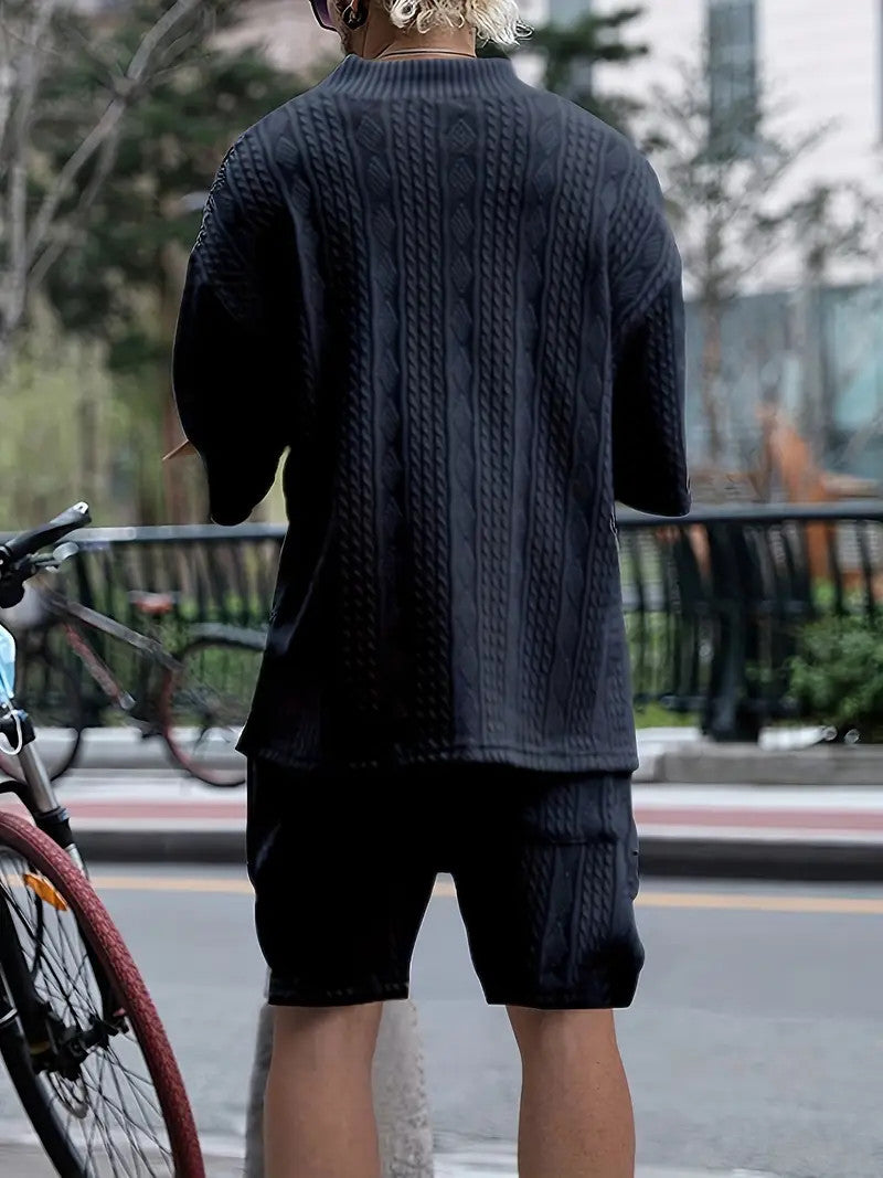 2pcs Men's Jacquard Solid Short Sleeve V Neck Shirt & Matching Drawstring Shorts Set, Summer Leisure Clothing ShopWithASmile7.com