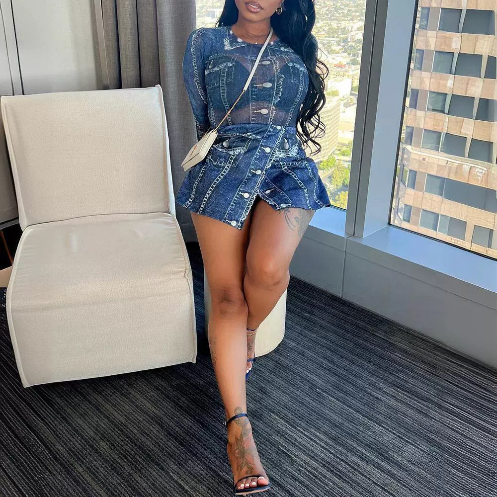 Women's Denim-like Printed Long-sleeved Jumpsuit ShopWithASmile7.com