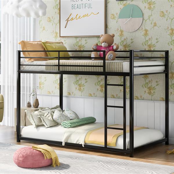 Metal Bunk Bed, Low Bunk Bed With Ladder, Black