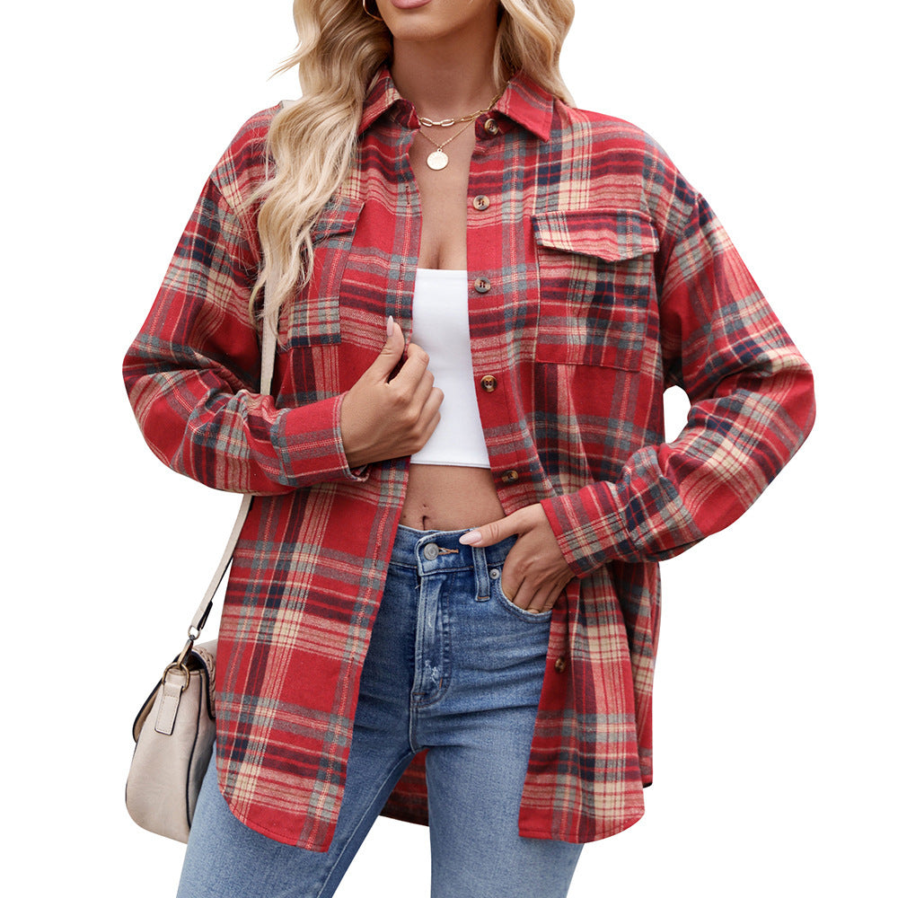 Trendy Loose-Fit Plaid Pocket Shirt for Women ShopWithASmile.com