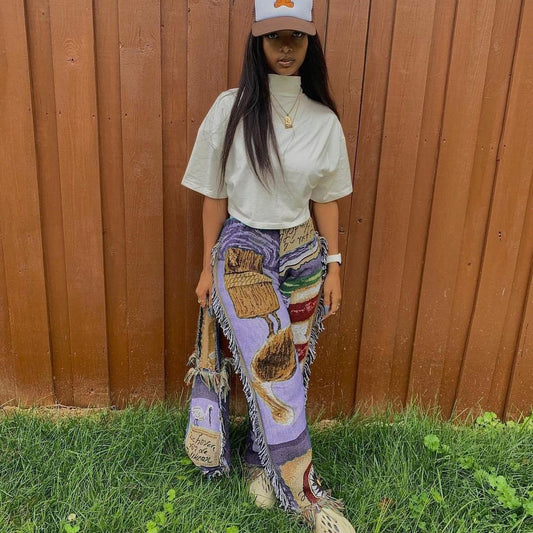 Fashion Loose Color Pattern Tassel Women's Trousers