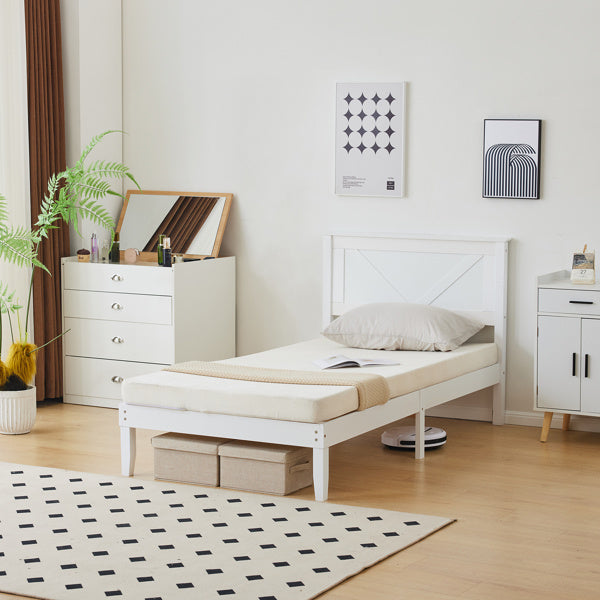 Slanted Headboard, No Footrest, White, Twin Wooden Bed