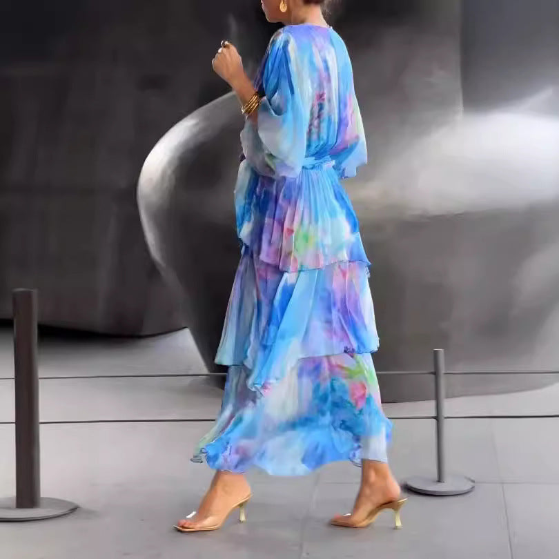 European And American Printing Layered Dress ShopWithASmile.com