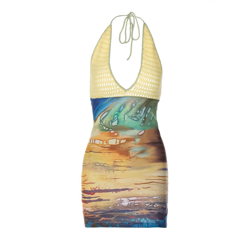 Women's Fashion Print Splicing Hanging Neck Package Hip Dress ShopWithASmile7.com