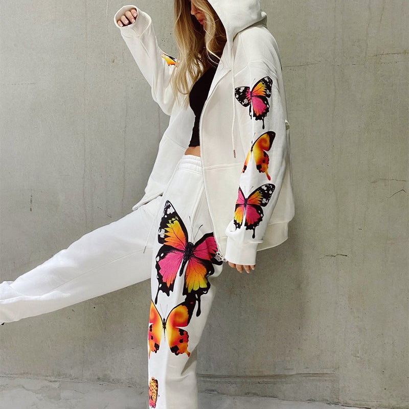 Women Long-Sleeved Hooded Zipper Casual Sweater Suit