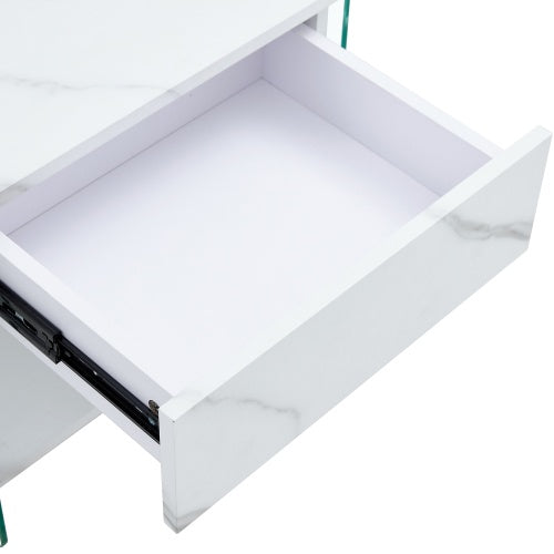 Bedside Table With Drawers. The Board Surface Is MDF Sticker, And Both Sides Are Transparent Tempered Glass. The Design Is Simple And Elegant, With Excellent Storage Functions