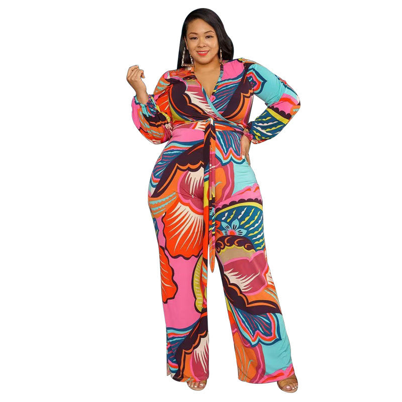 Women's Fashion Deep V-neck Loose Fitting Jumpsuit With Belt