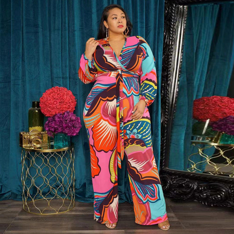 Women's Fashion Deep V-neck Loose Fitting Jumpsuit With Belt