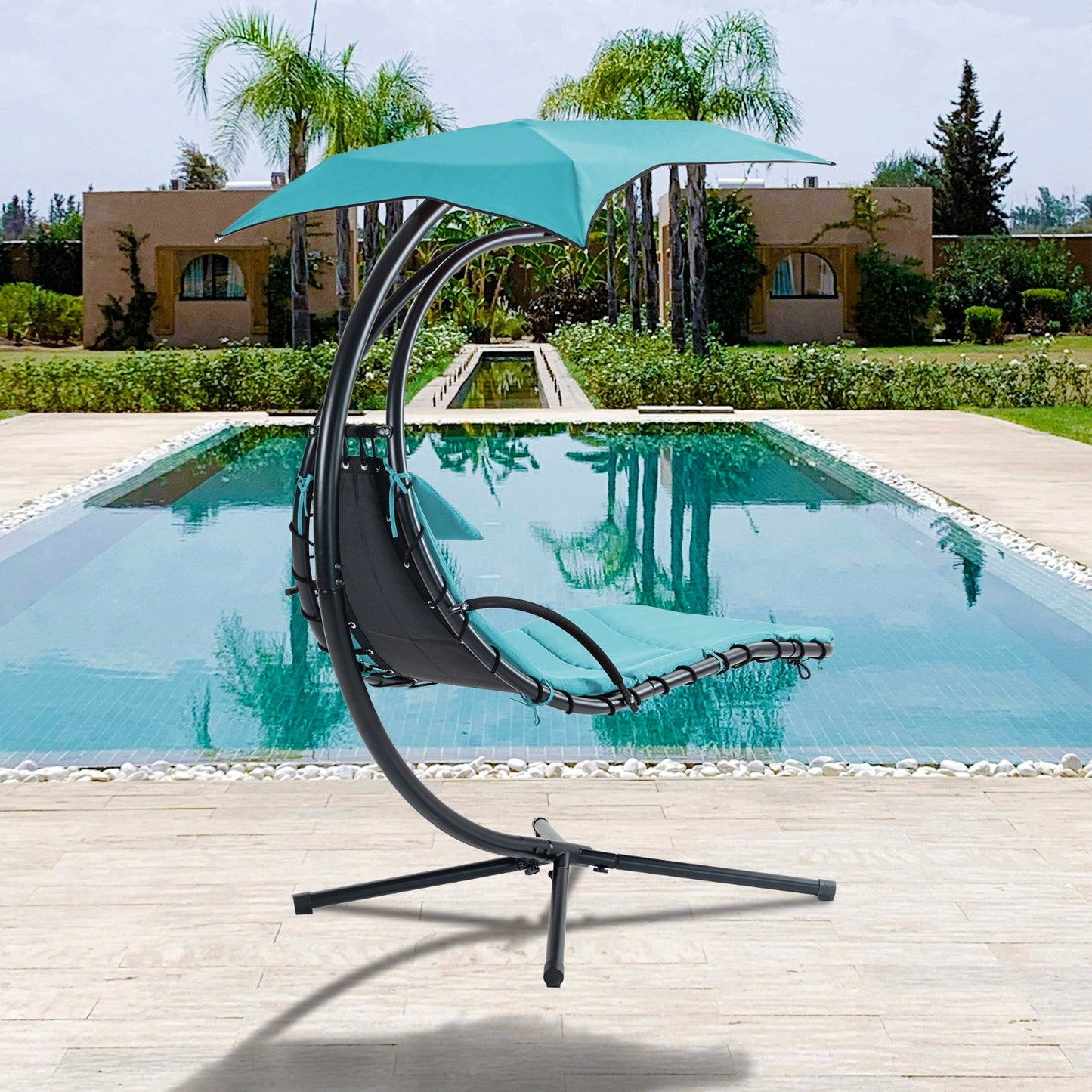 Hanging Chaise Lounger With Removable Canopy, Outdoor Swing Chair With Built-in Pillow, Hanging Curv