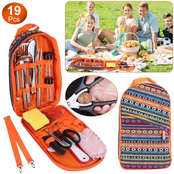 19-Piece Camping Cookware Set with Portable Organizer – Outdoor Cooking Utensils for RV Camping, BBQ, and Picnics