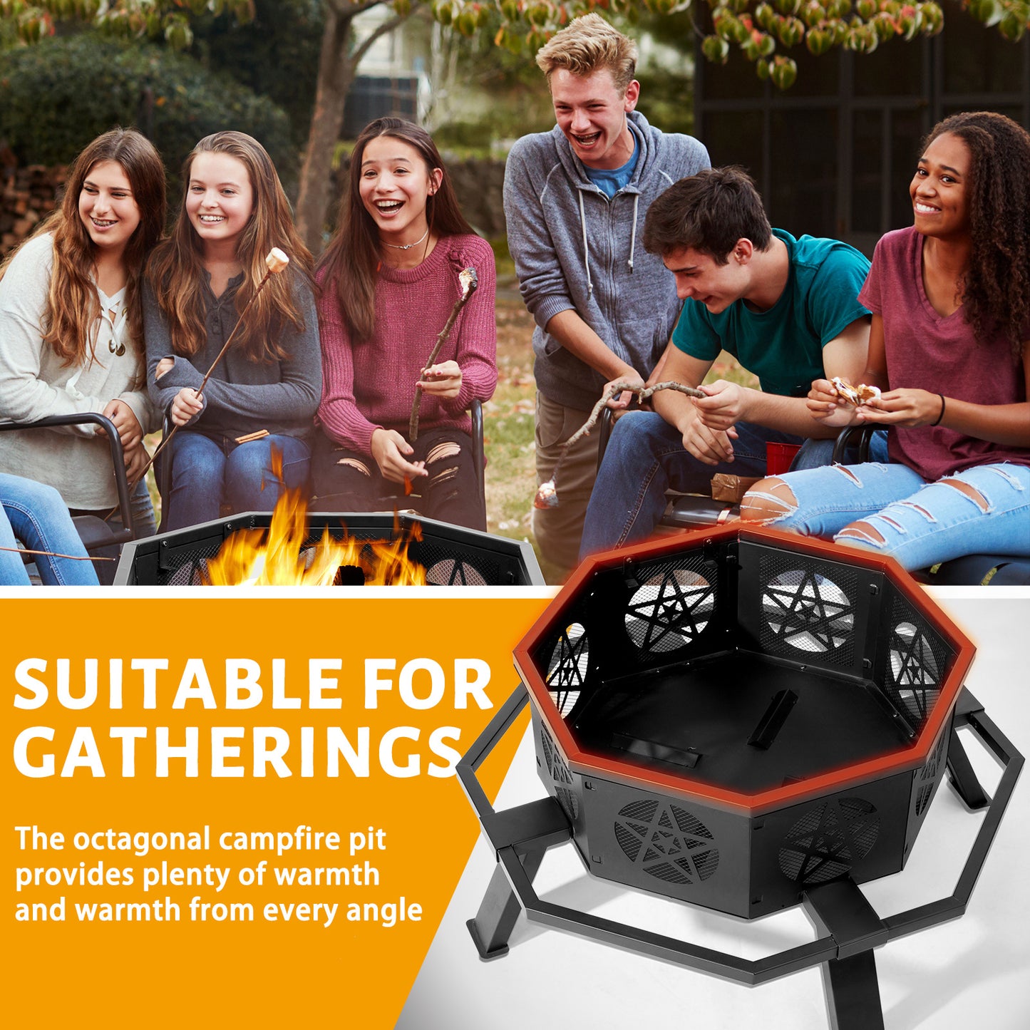 Large 35” Octagonal Fire Pit – Black Wrought Iron, Pentagram Cutouts, Foot Pedal Safety Ring