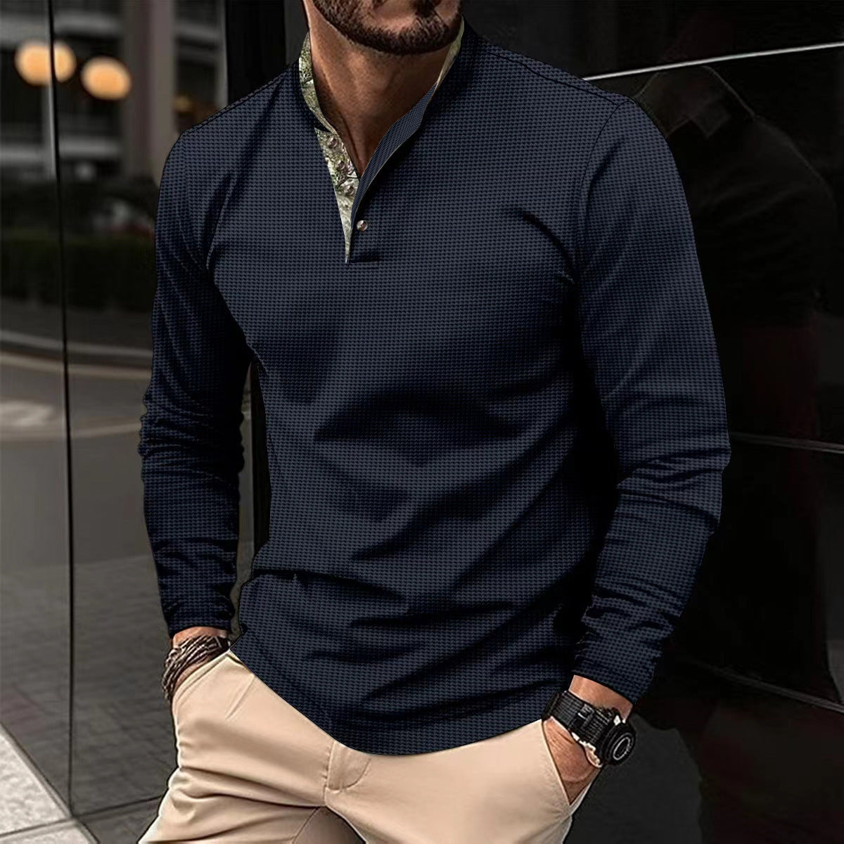 Men's Double Layer Lapel Polo Shirt Fashion Waffle Long-sleeved Tops Clothing ShopWithASmile7.com