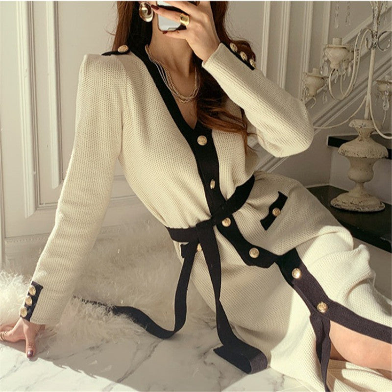 Temperament Waist Slimming V-neck High-waist Knit One-step Skirt